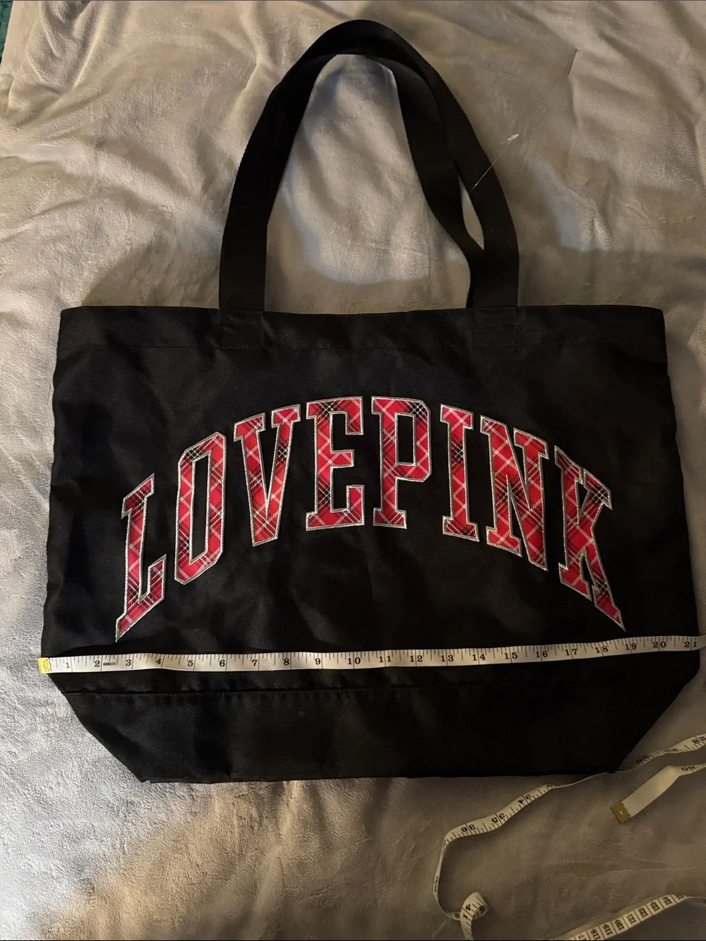 Victoria’s Secret PINK LOVE PINK Tote Bag Black Plaid Logo - Picture 2 of 7